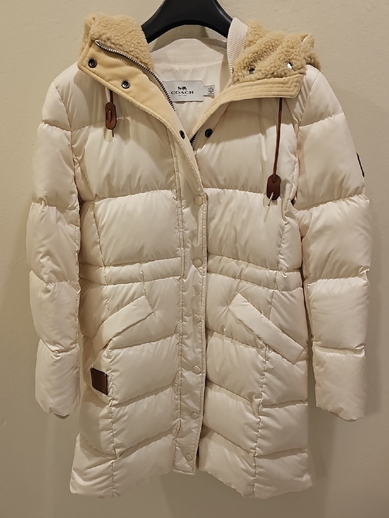 Coach Jackets & Blazers - Coach Cream Quilted Women’s Puffer Coat with Faux Shearling Hood